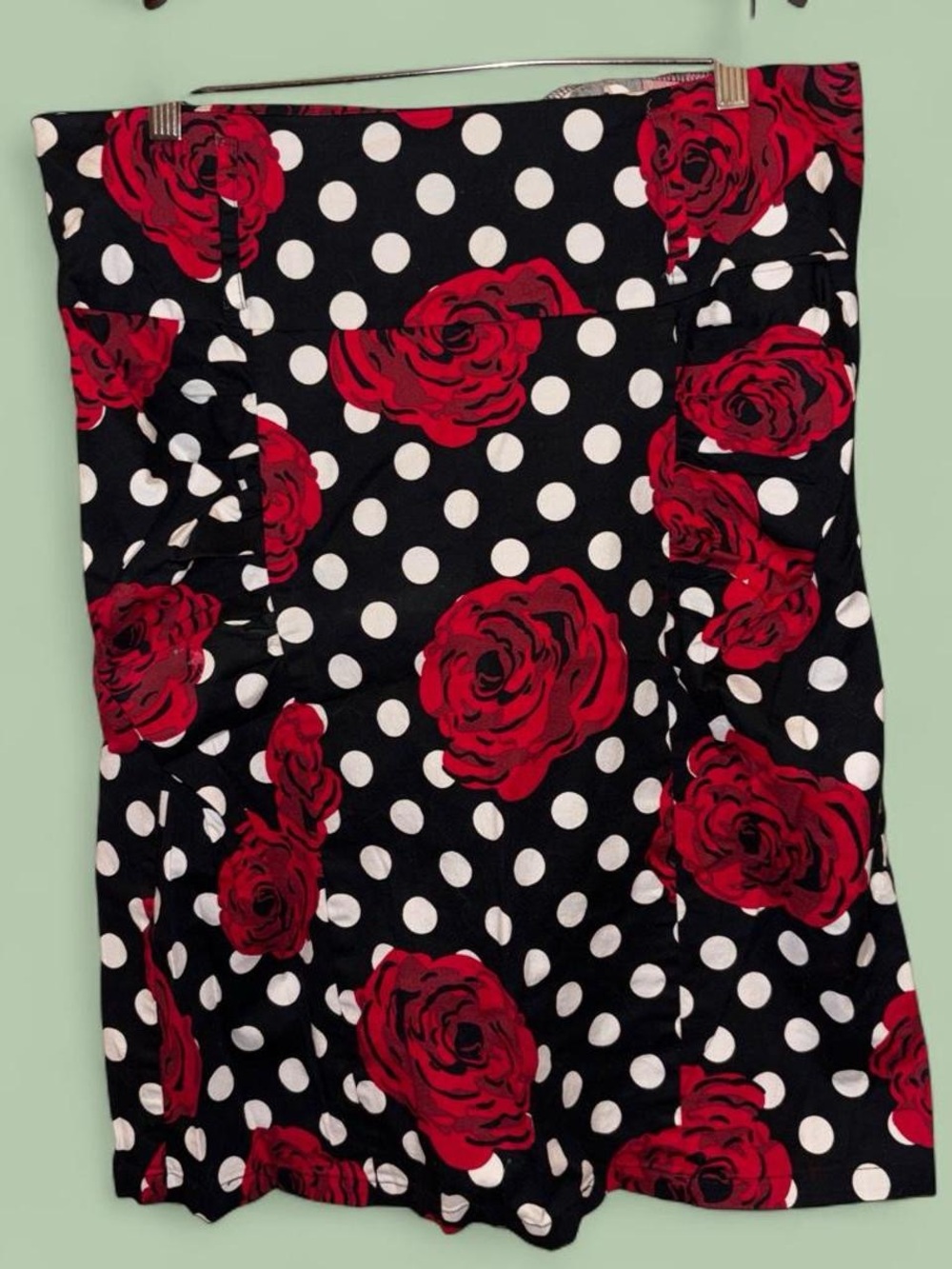 Black Polka Dot Pencil Skirt with Red Rose Print